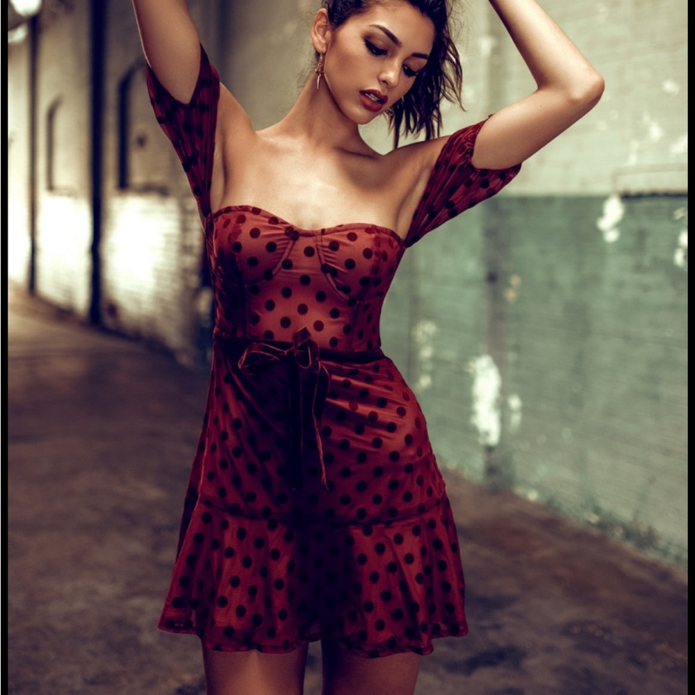 For Love & Lemons Dotty Polka Dot Off Shoulder Strapless Mini Dress Small